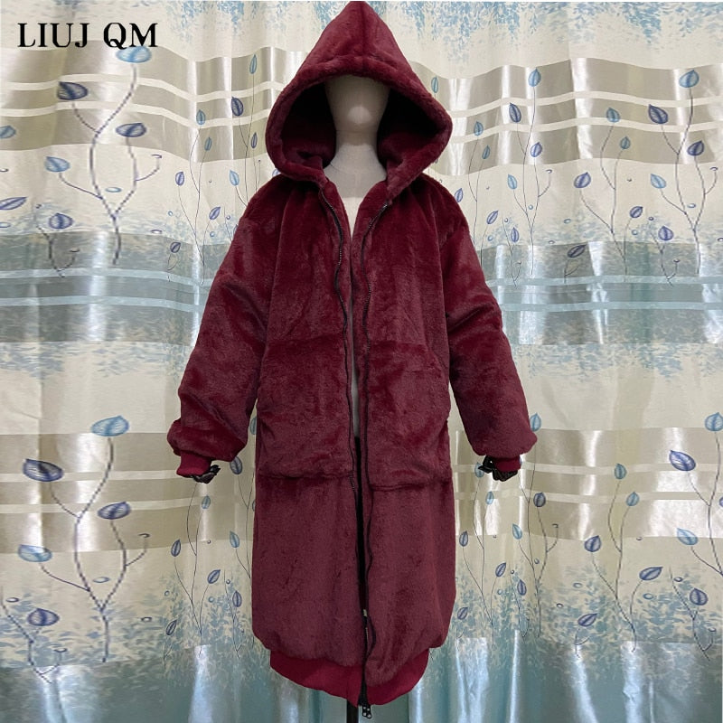Abrigo de piel sintética de invierno de gran tamaño, Parka para mujer, chaqueta de piel sintética larga y cálida, abrigos con capucha, abrigo de invierno suelto, prendas de vestir, casaco femenino