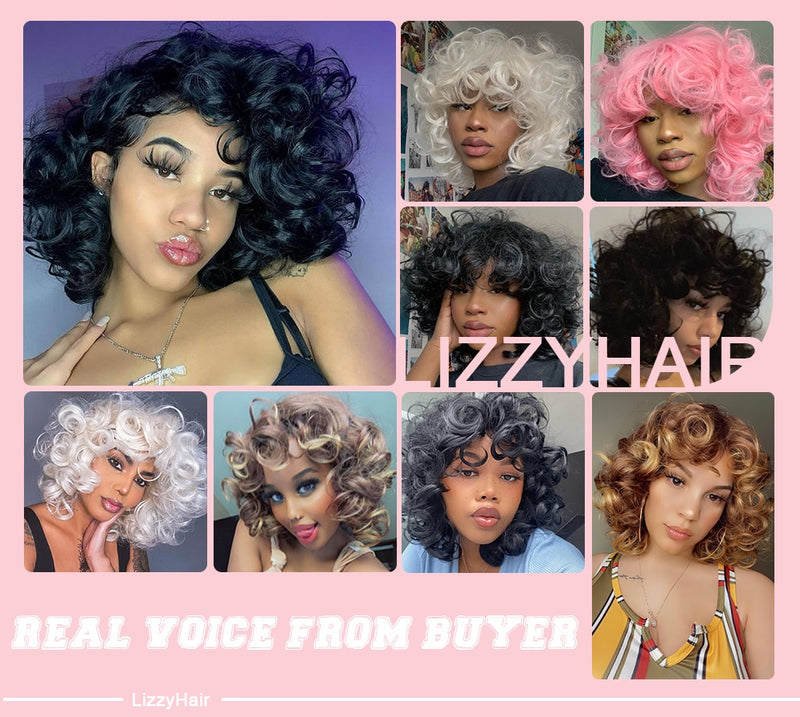 Short Hair Afro Curly Wig With Bangs Loose Synthetic Cosplay Fluffy Shoulder Length Natural Wigs For Black Women Dark Brown 14&quot;