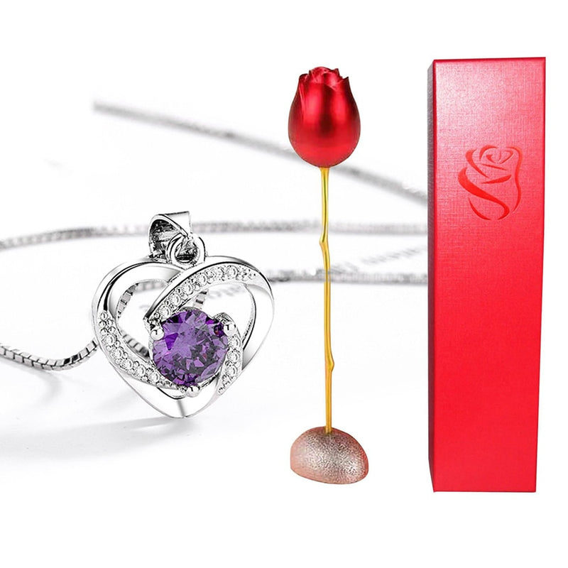 Conjunto de collar de amor eterno con soporte de rosa, colgante de circón rombo romántico con regalos inmortales para el Día de San Valentín