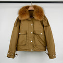 Janveny, chaqueta de plumón de piel auténtica de zorro para mujer, abrigo de plumón de pato blanco 90% holgado corto 2021, prendas de vestir de nieve acolchadas con bolsillos grandes para mujer