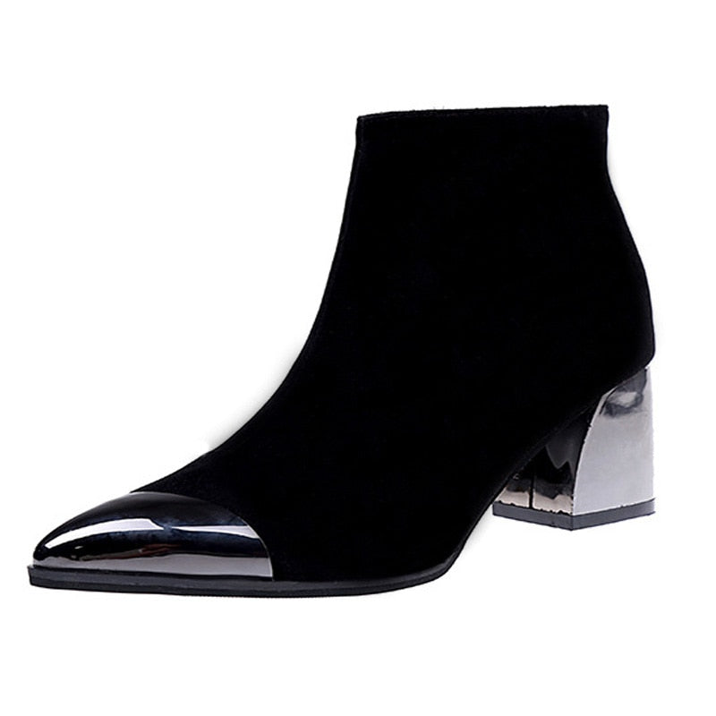 Moda 2021, botas de tacón alto para mujer, zapatos cálidos con punta estrecha, botas Chelsea de invierno para mujer, botines para mujer, tacón cuadrado de 6cm N046
