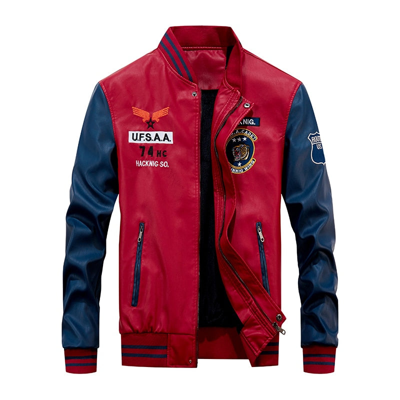 Chaqueta Bomber de cuero para hombre, chaquetas de béisbol, abrigo de piel sintética para motorista, chaqueta de lana para piloto universitario, parte superior de cuero para universidad, motocicleta ajustada negra