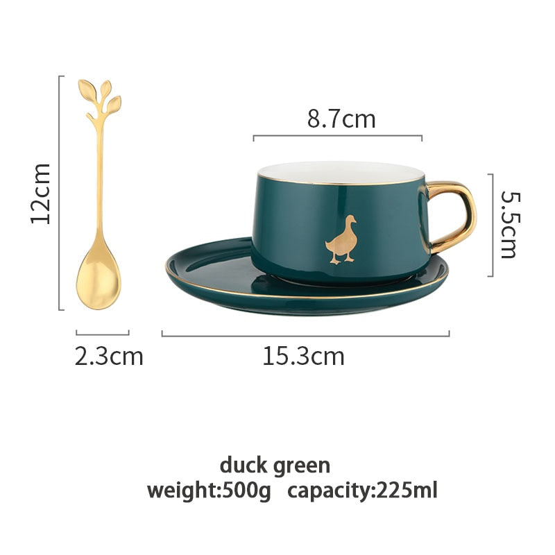 MDZF SWEETHOME 225 ml Tierische Kaffeetasse im nordischen Stil mit Tellerlöffel Goldgriff Frühstücksmilchsaftbecher Geschenk zum Geburtstag