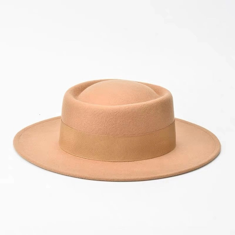 VRIGINER Hochwertiger Herbst-Winter-Fedora-Hut für Damen, Mode, große Frauen, 100 % Wollhut, flacher Damenhut mit breiter Krempe für den Winter