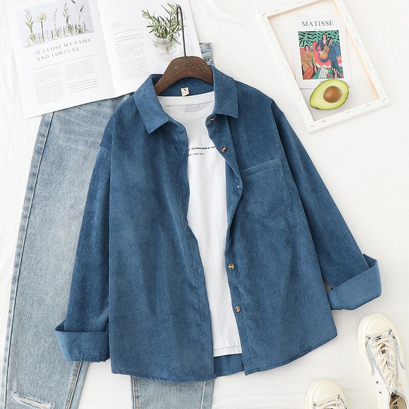 Spring Shirts Women Corduroy Blouses Loose Long Sleeve Solid Lady Tops Casual Outwear Female Clothes Autumn Jacket