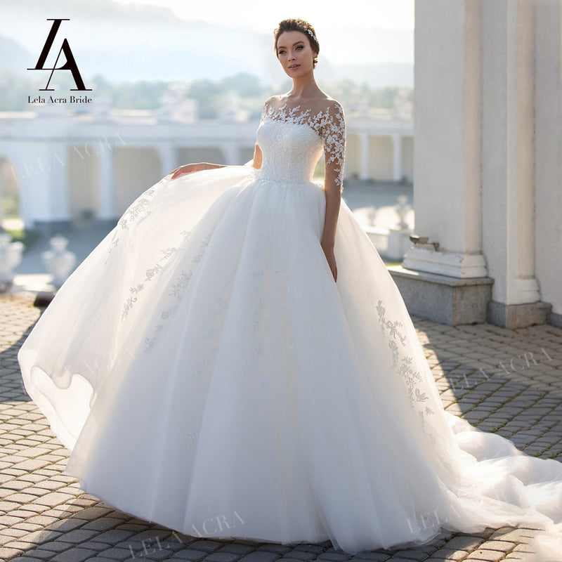 Fashion Appliques Lace Wedding Dress Beaded Long Sleeve Illusion Ball Gown Vestido De Novia Princess LelaAcra S102 Bridal Gown