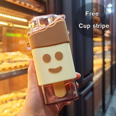 Hot Summer Cute Donut Ice Cream Water Bottle With Straw Creative Square Watermelon Cup Portable Leakproof Tritan Bottle BPA Free