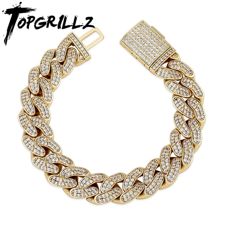 Pulsera de cadena cubana TOPGRILLZ de 12MM/14MM con cierre de caja chapado en oro Micro Pave Iced Out Cubic Zirconia Hip Hop joyería para regalo