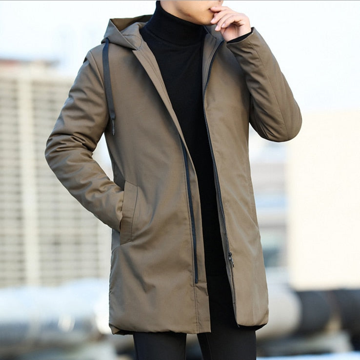 2019 Winterjacke Männer mit Kapuze Slim Korean Parka Hombre lange Jacke Mantel Kaschmir Herren Windjacke Parkas Baumwolle Jugendkleidung