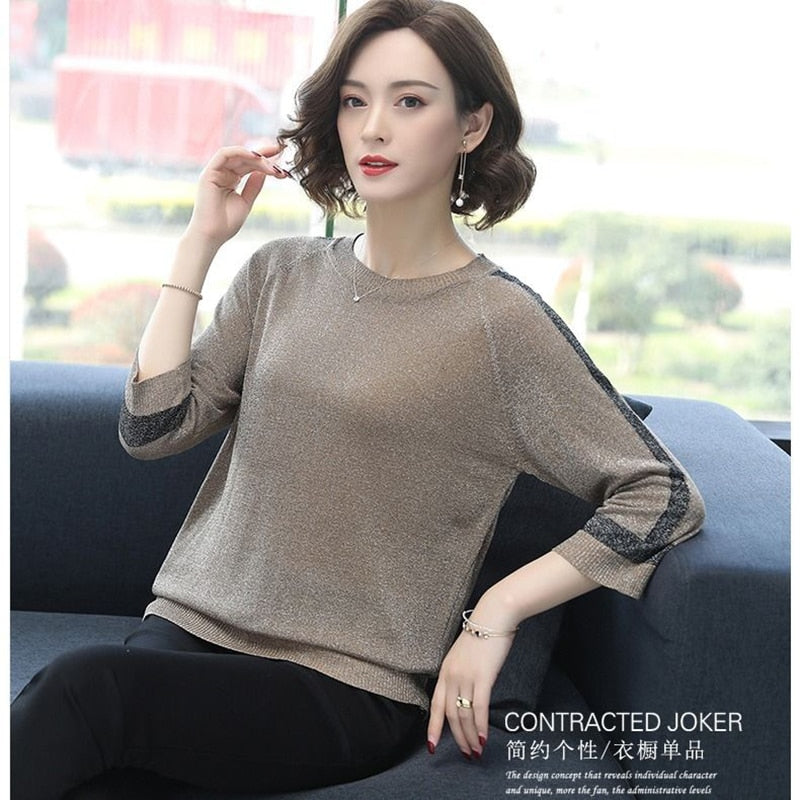 Women Spring Autumn Style Pullover Sweater Lady Casual V-Neck Half Sleeve Loose Knitted Pullover Tops Sweater ZZ0244