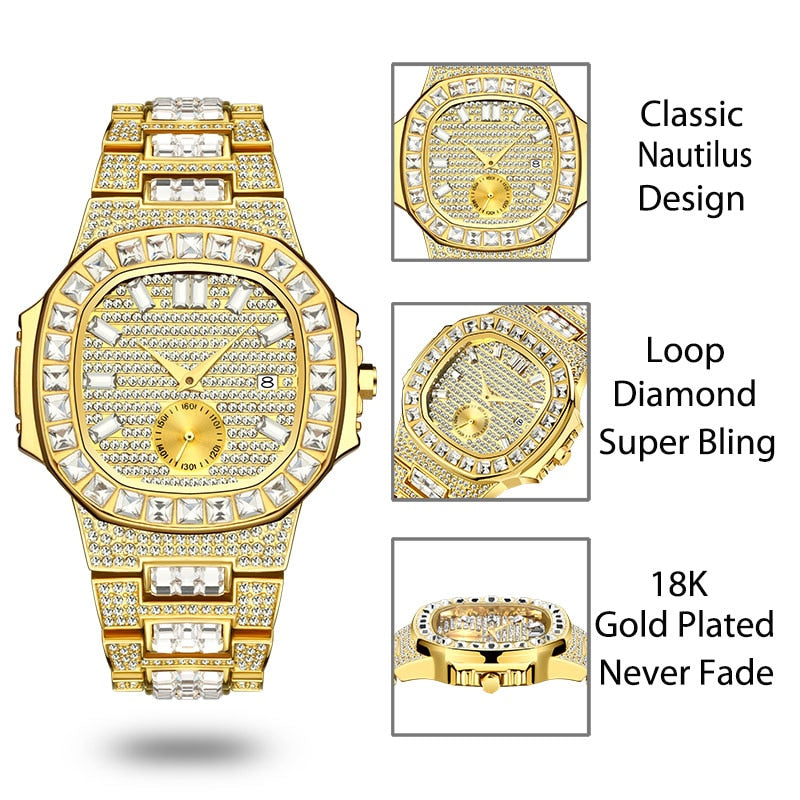 MISSFOX Luxus-Herrenuhr Gold 18 Karat Modell Vollständig gepflasterter Baguette-Diamant Herrenuhren Wasserdichter Kalender Männliche Uhr Stunden