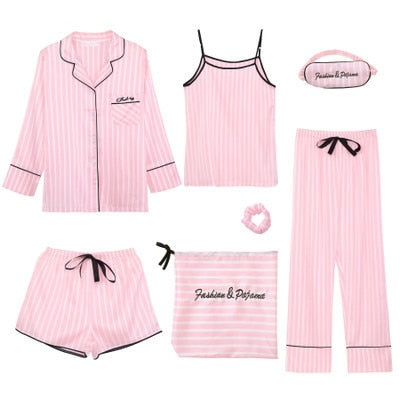 7-teiliges Damen-Pyjama-Set aus Seide und Satin, Pyjama-Set, Nachtwäsche, Pijama-Pyjama, Anzug, weiblicher Schlaf, zweiteiliges Set, Loungewear