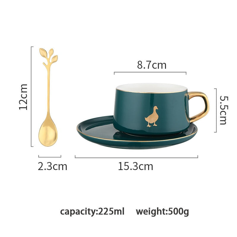 MDZF SWEETHOME 225 ml Tierische Kaffeetasse im nordischen Stil mit Tellerlöffel Goldgriff Frühstücksmilchsaftbecher Geschenk zum Geburtstag