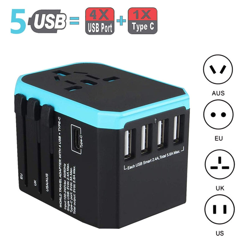 Adaptador de viaje Rdxone Adaptador de corriente universal internacional Todo en uno con 5 USB Cargador de pared mundial para Reino Unido / UE / EE. UU. / Asia