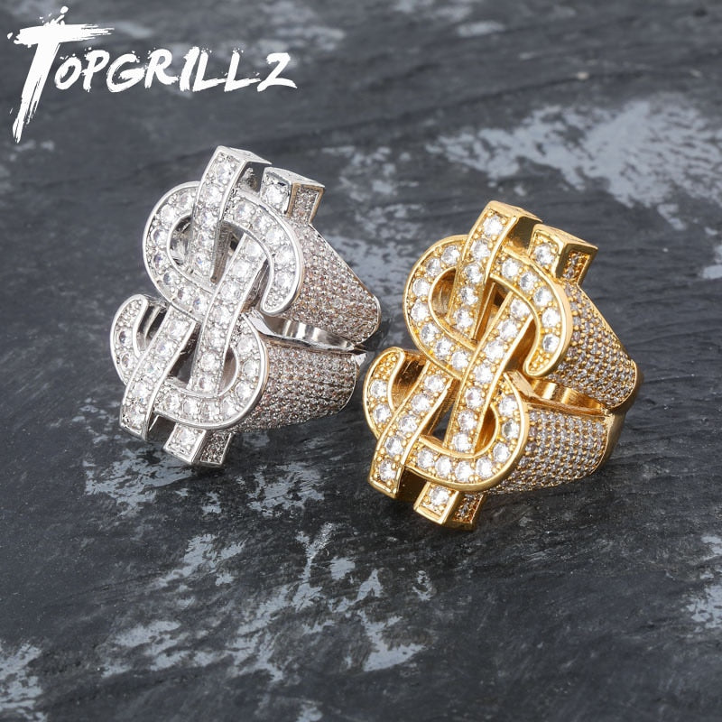 TOPGRILLZ Fashion Rock Iced Out Bling Gold Silber Farbe US Dollar Zeichen Ringe AAA Kubikzirkon Hip Hop Ring für Herren Schmuck