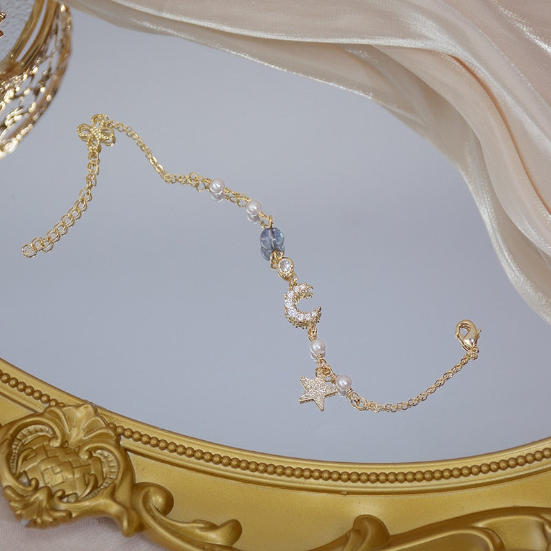 Exquisita pulsera Bohemia de lujo con luna y estrella para mujer, brazalete de hilo de oro auténtico de 14k, Pulseras, accesorios de regalo de cumpleaños y aniversario