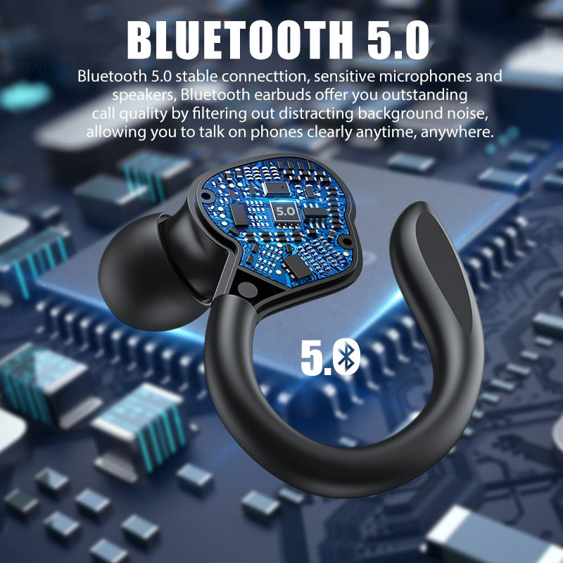 TWS Bluetooth Earphones With Microphones Sport Ear Hook LED Display Wireless Headphones HiFi Stereo Earbuds Waterproof Headsets