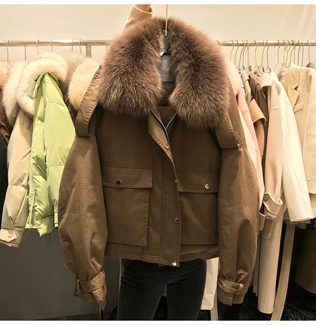 Janveny, chaqueta de plumón de piel auténtica de zorro para mujer, abrigo de plumón de pato blanco 90% holgado corto 2021, prendas de vestir de nieve acolchadas con bolsillos grandes para mujer