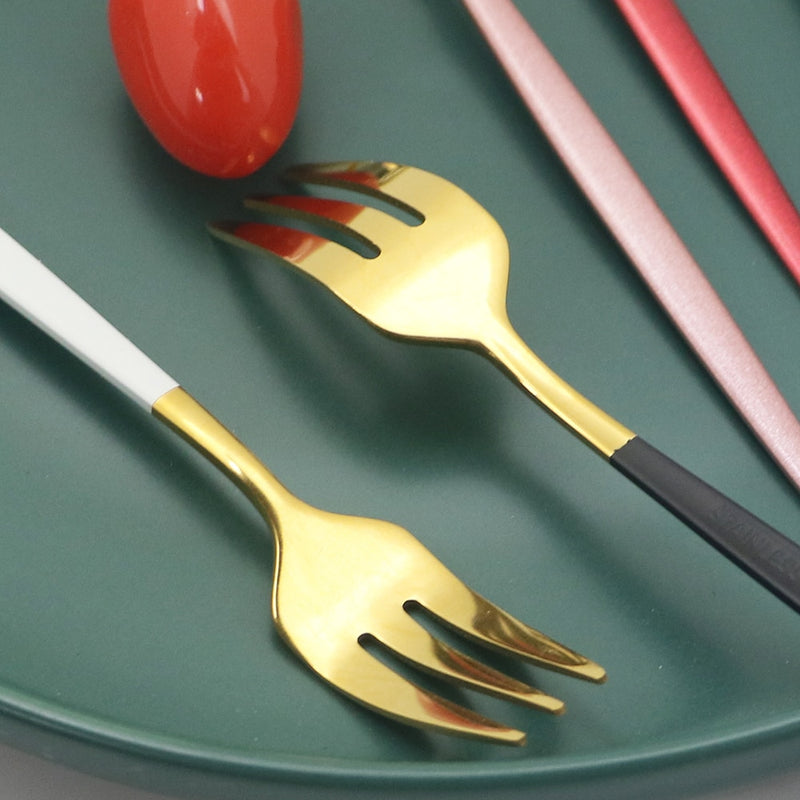 JANKNG 30pcs Black Gold Dinnerware Set Stainless Steel Flatware Set Cake Fork Spoon Knife Silverware Tableware Set Cutlery Set