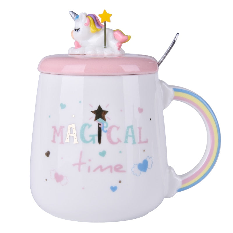 Cute Unicorn Coffee Mug with 3D Lid and Spoon Ceramic Tea Water Cup Gift for Women Girls White 450ml