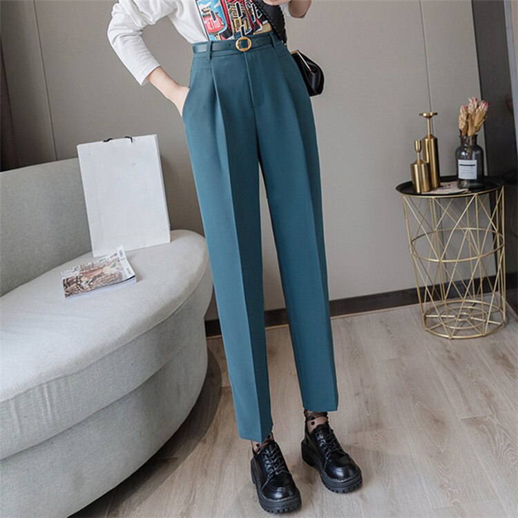 Colorfaith New 2022 High Waist Korean Fashion Elegant Office Lady Ankle-Length With Belt Spring Summer Women Suit Pants P7223