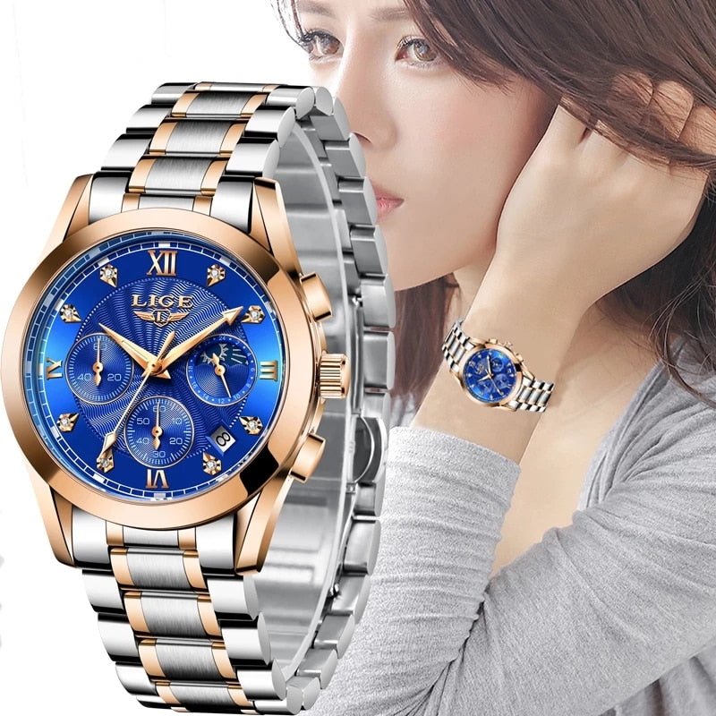 LIGE 2022 New Gold Watch Womens Watches Ladies Creative Steel Women&