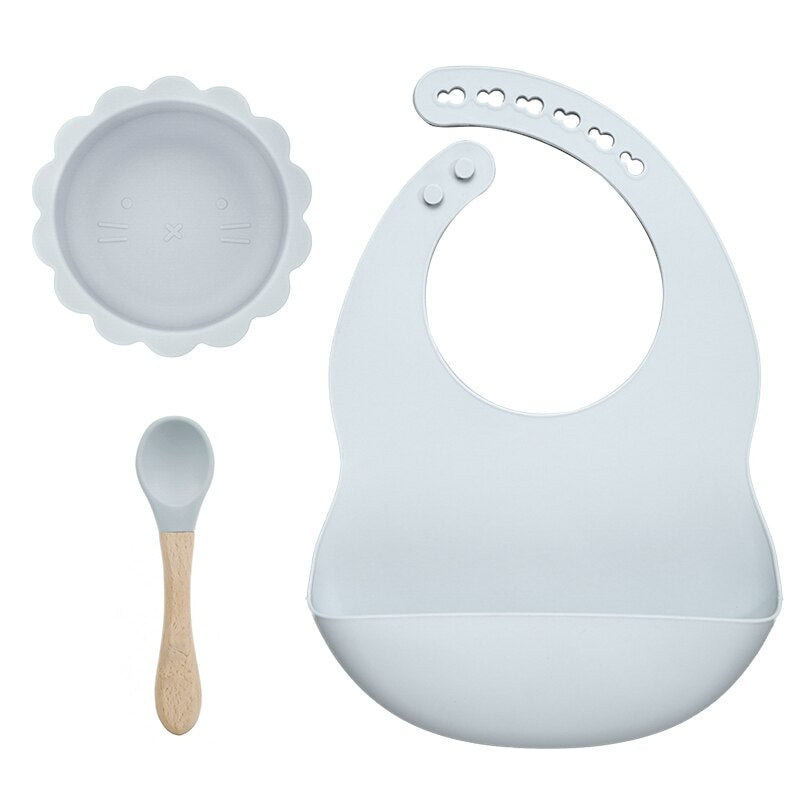 BPA Free Baby Silicone Tableware Waterproof Bib Flexible Saliva Towel Solid Color Sucker Bowl And Spoon For Children