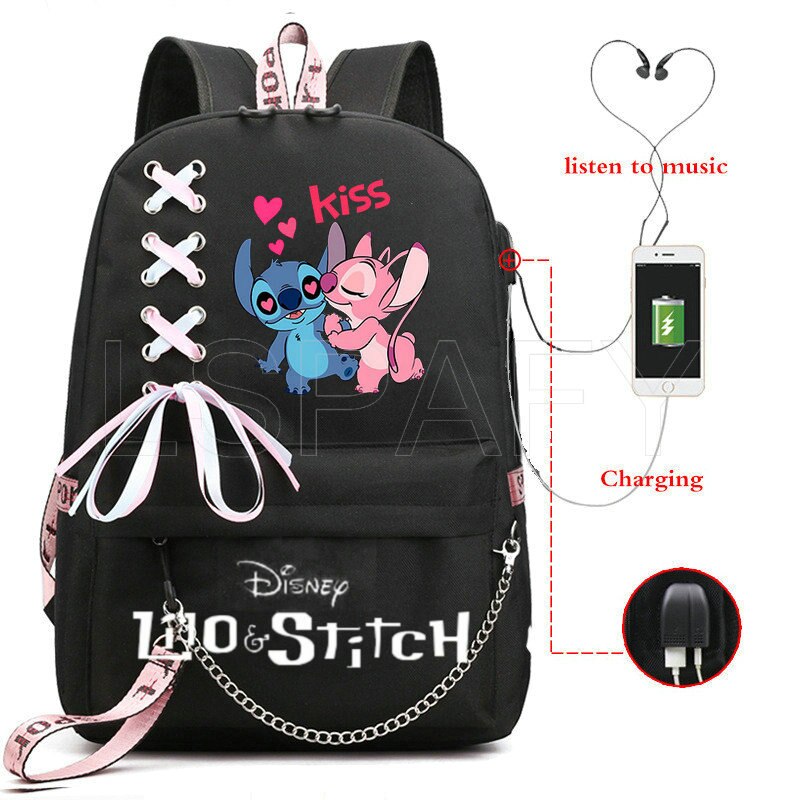 Disney Kawaii Stitch Bag Zipper USB Charging Mochila Capacity Backpack Women Kpop School Bags for Teenage Girls Students