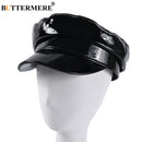 BUTTERMERE Lackleder Military Style Cap Damen Schwarz Matrosenmütze Frau Captain Cap Herbst Winter High Fashion Hüte