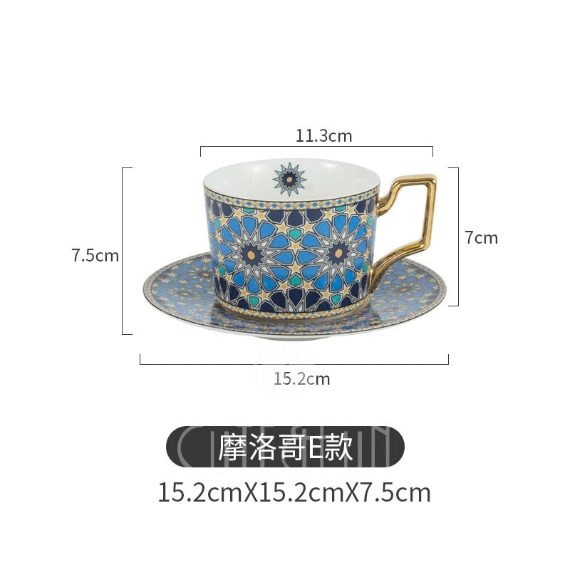 Juego de taza y platillo de café de lujo de estilo marroquí con mango dorado para café especial taza de té de cerámica capuchino 250ml