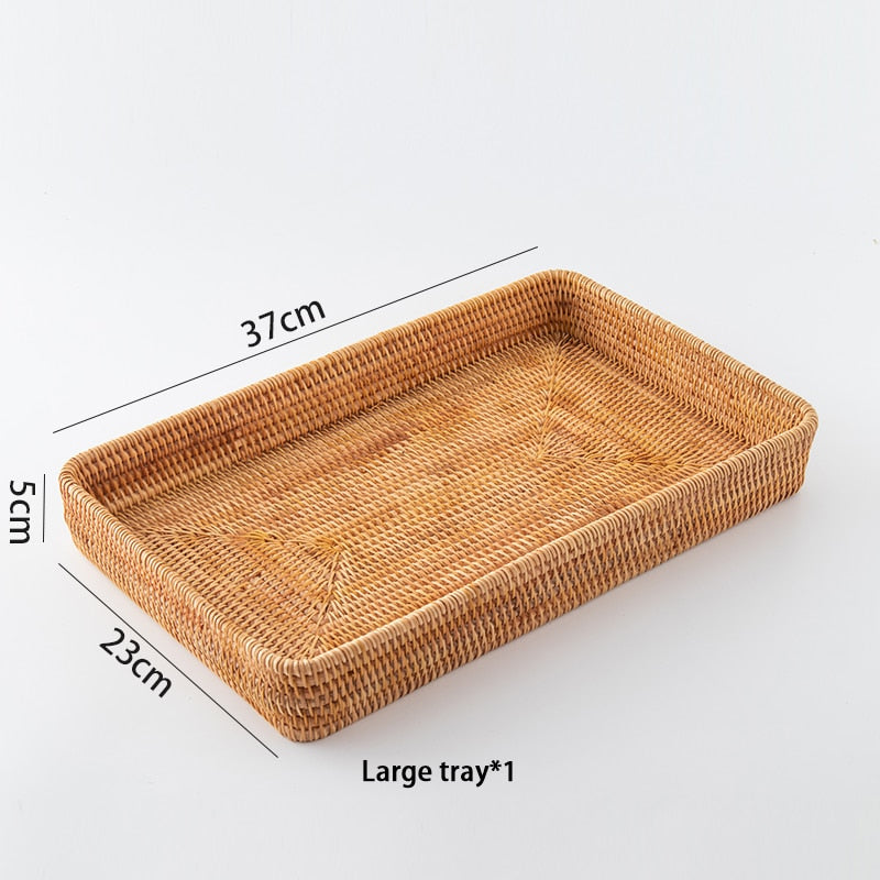 Handwoven Rattan Storage Tray Square Wicker Basket Bread Food Plate Fruit Cake Platter Dinner Serving Tray Kitchen Decoration