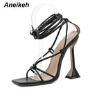 Aneikeh Summer Woman Shoes Sandals Basic Pu Fashion Cross-tied Spike Heels Lace-Up Party Pumps size 35- 42 Black White Apricot