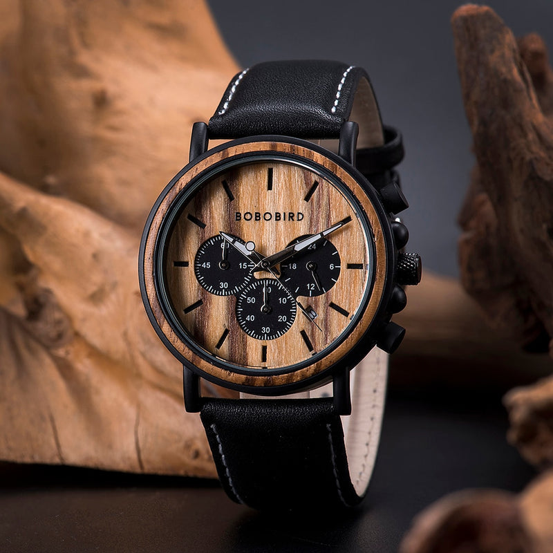 BOBO BIRD Holzuhr Herren Stoppuhr Chronograph Stilvoller Luxus Show Date Holz Quarz Armbanduhr Herrenuhren In Geschenkbox OEM