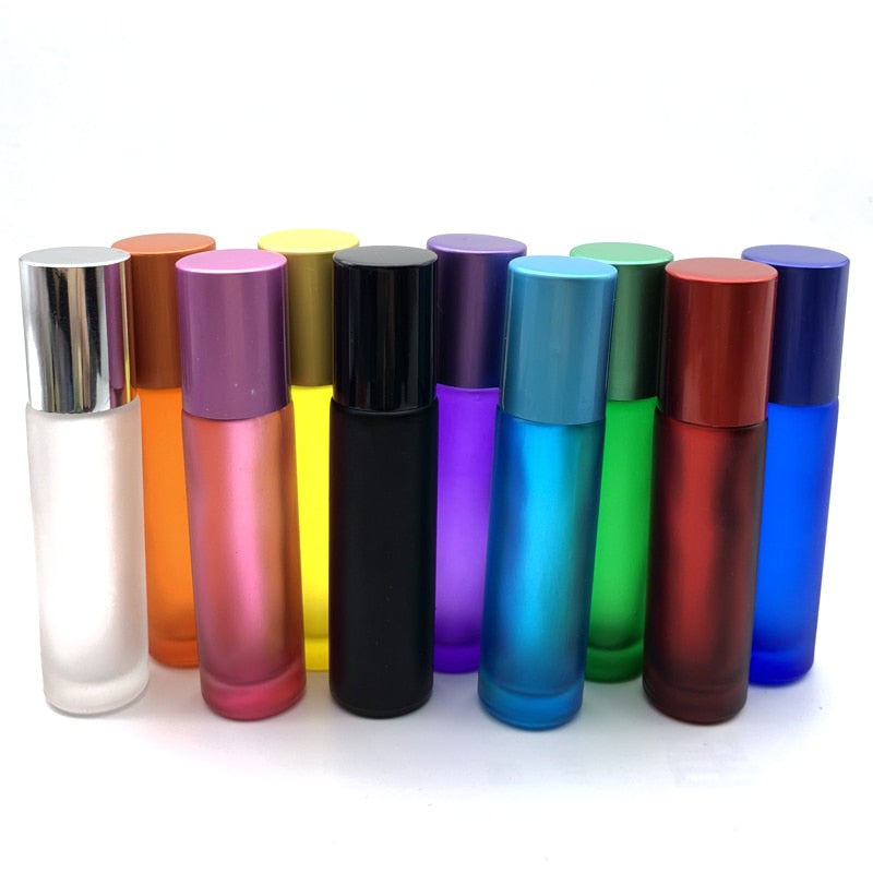 20pcs 10ml Portable Frosted Colorful Thick Glass Roller Essential Oil Perfume Vial Travel Refillable Rollerball Bottle