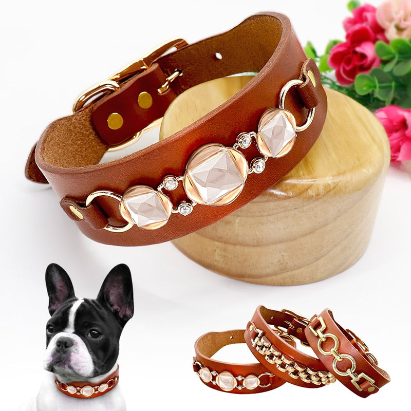 Hundehalsband aus Leder, strapazierfähiges Hundehalsband aus echtem Leder, Bling-Strass, cooles Metall-Hundezubehör für kleine und mittelgroße Hunde