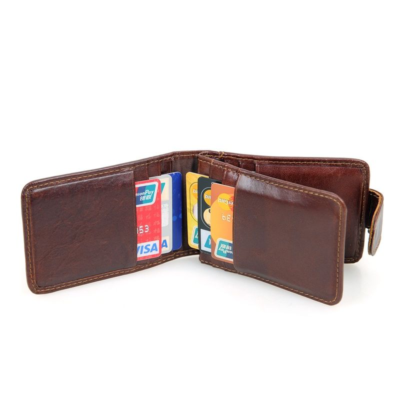 Mini billetera de cuero de vaca 100% genuino, café, RFID, tarjetero con bloqueo, funda para tarjeta de identificación, R-8121Q