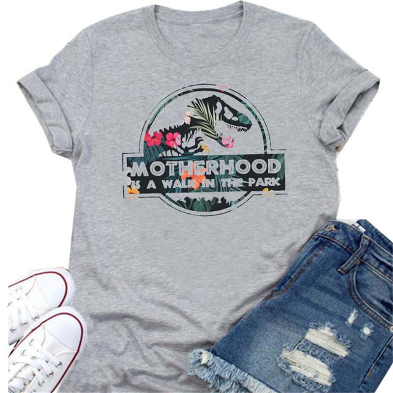 La maternidad es un paseo por el parque, camiseta con estampado de letras Harajuku para mujer, bonita camiseta gráfica con cabeza de dinosaurio, camiseta Vintage para mujer