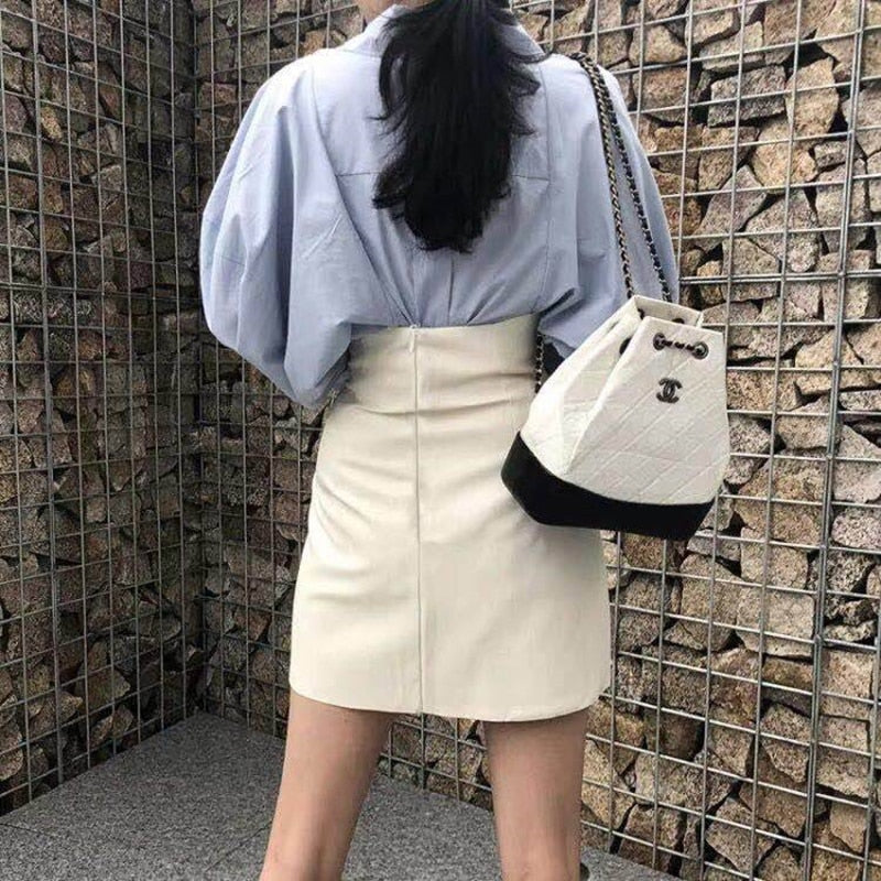 2020 New Summer Women's Leather Skirt Pu Leather Black White High Waist Short Asymmetric Skirt Woman Mini Skirts Female Clothes