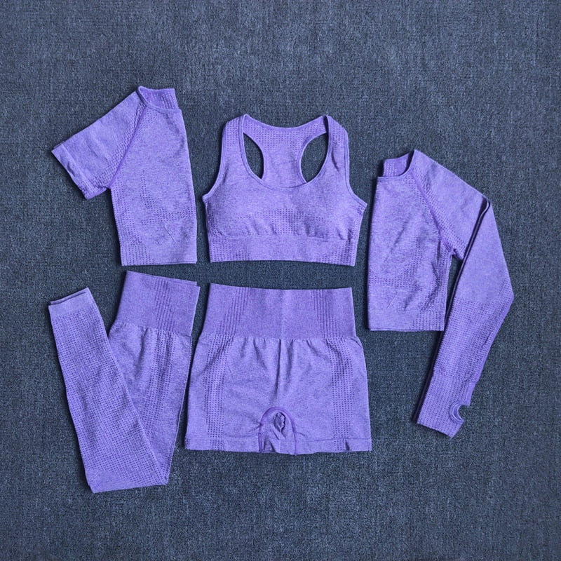 Conjunto de Yoga sin costuras para entrenamiento de mujer, 5 uds., camisetas cortas largas de manga corta para Fitness, mallas para correr, ropa de gimnasio