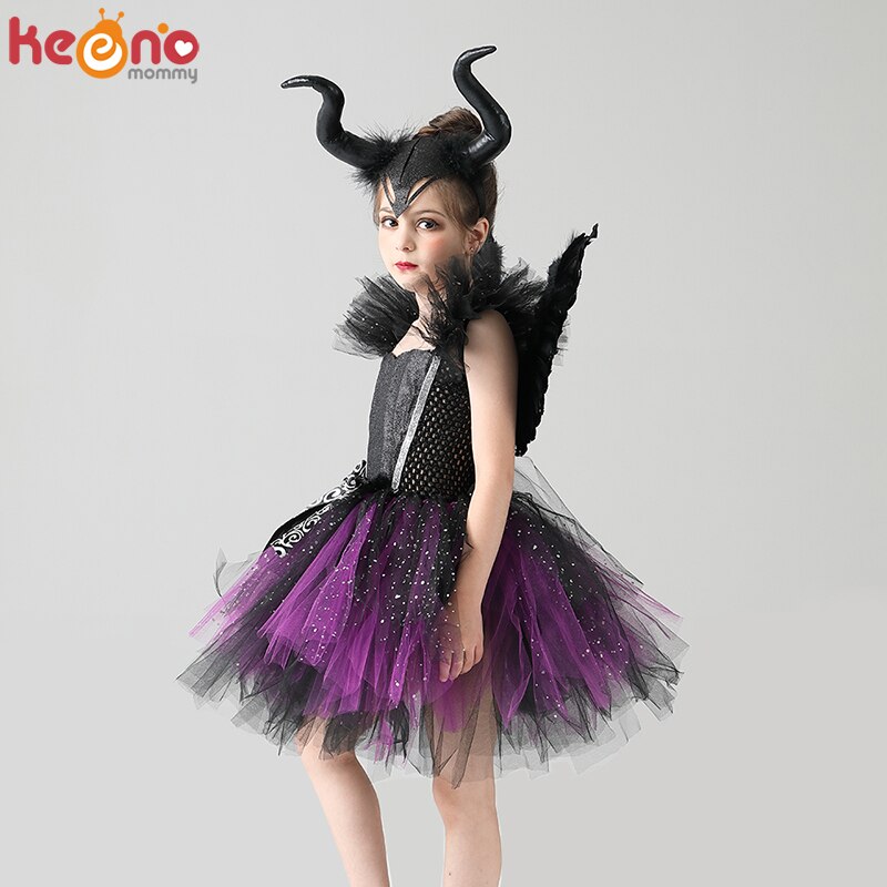 Vestido de tutú de bruja de hada oscura malvada para niñas con cuernos y alas, disfraz de fiesta de Halloween brillante para niños, vestido de diablo malvado elegante