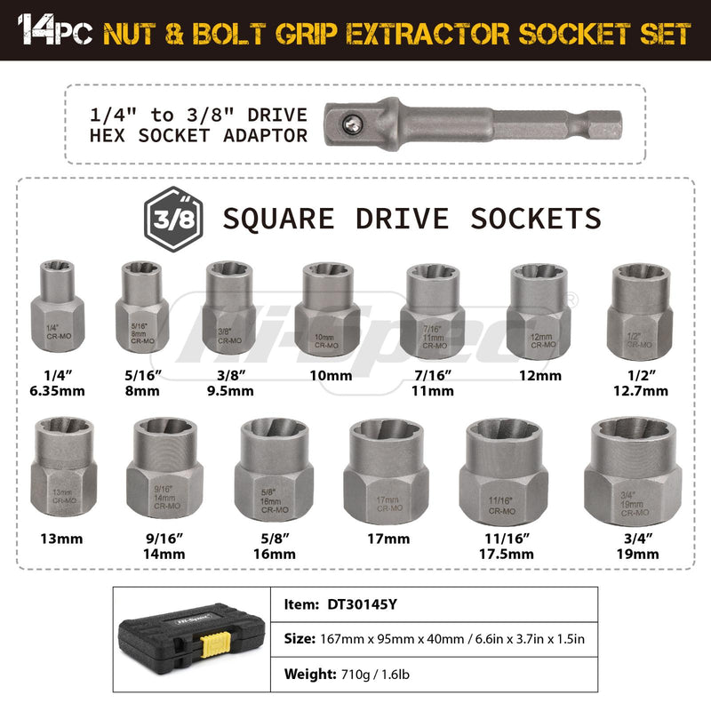 Hi-Spec 14pc Nut and Bolt Extractor Damaged Impact Socket Tool Set Remover Set Bolt Nut Removal Socket Tool 3/8 Inch