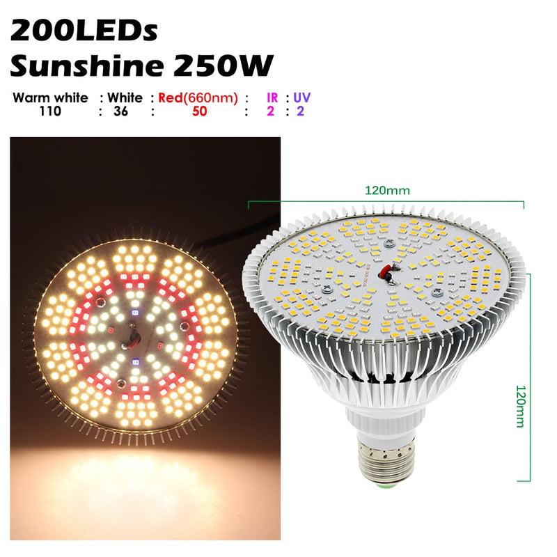 250W LED Grow Glühbirne E27 LED Pflanzenbirne 200 LEDs Sunlike Vollspektrum Grow Lights für Zimmerpflanzen Gemüse und Setzling