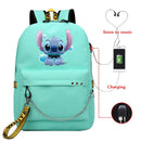 Disney Kawaii Stitch Bag Zipper USB Charging Mochila Capacity Backpack Women Kpop School Bags for Teenage Girls Students