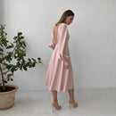 CHURSES Sexy Backless Midi Dress Lantern Sleeve O-Neck Autumn Folds A-Line Fashion Party Night Club Long Dresses For Women