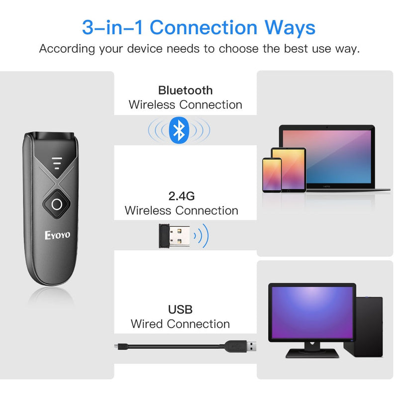 Eyoyo EY-015 Mini escáner de código de barras USB con cable Bluetooth inalámbrico 1D 2D QR PDF417 código de barras para IPad IPhone Android Tablets PC