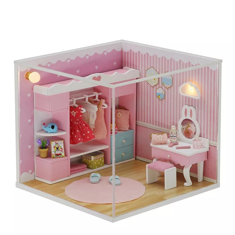 Cutebee DIYHouse Miniature with Furniture LED Music Dust Cover Model Building Blocks Toys for Children Casa De Boneca