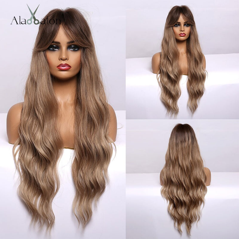 ALAN EATON Long Ombre Black Brown Blonde Wigs with Bangs Heat Resistant Synthetic Wave Wigs for Women African American Cosplay