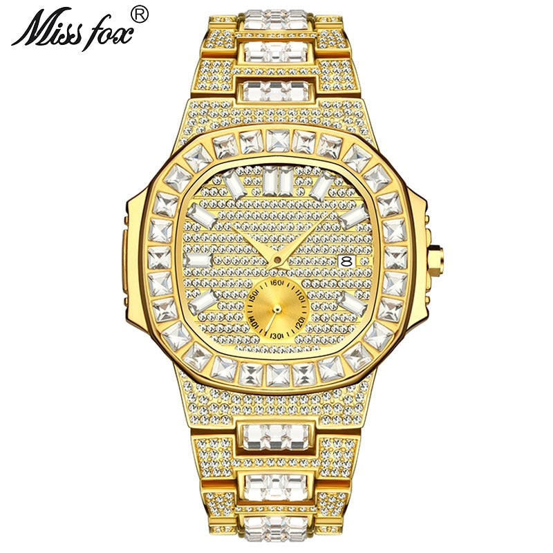 MISSFOX Iced Out Relojes Hombres Top Brand Luxury Watch Hombres Full Diamond Quartz-watch Bling Bling Hiphop Hot Rapper's Jewelry Watch