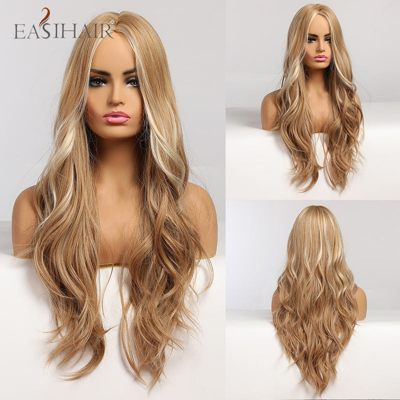 EASIHAIR Long Body Wave Light Brown Wigs with Blonde Highlights Middle Part Cosplay Heat Resistant Synthetic Hair Wigs for Women