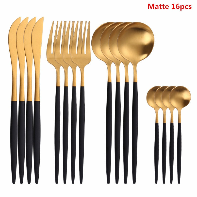 Black Tableware Forks Knives Spoons Cutlery Dinner Set Stainless Steel Cutlery Set Kitchen Flatware Set 16Pcs Luxury Dinnerware